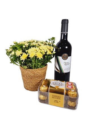 מארז עציץ חרצית בסלסלת קש